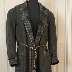 1940s Vintage Gentlemens Wool Dressing Gown Robe Gray Green, silk cord Large